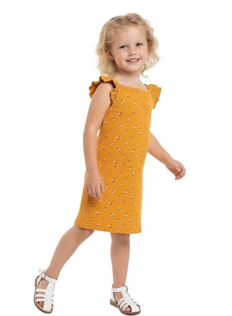 WiNi BEE Girls' Floral Dress with Ruffle Sleeves | Mustard Yellow Sun Dress for Toddlers 2-6 Years | Summer Play Dress with Elastic Waist - Image 1